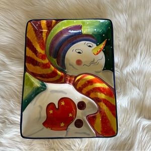 CLAY ART SNOWMAN Hand Painted Chip &Dip Platter